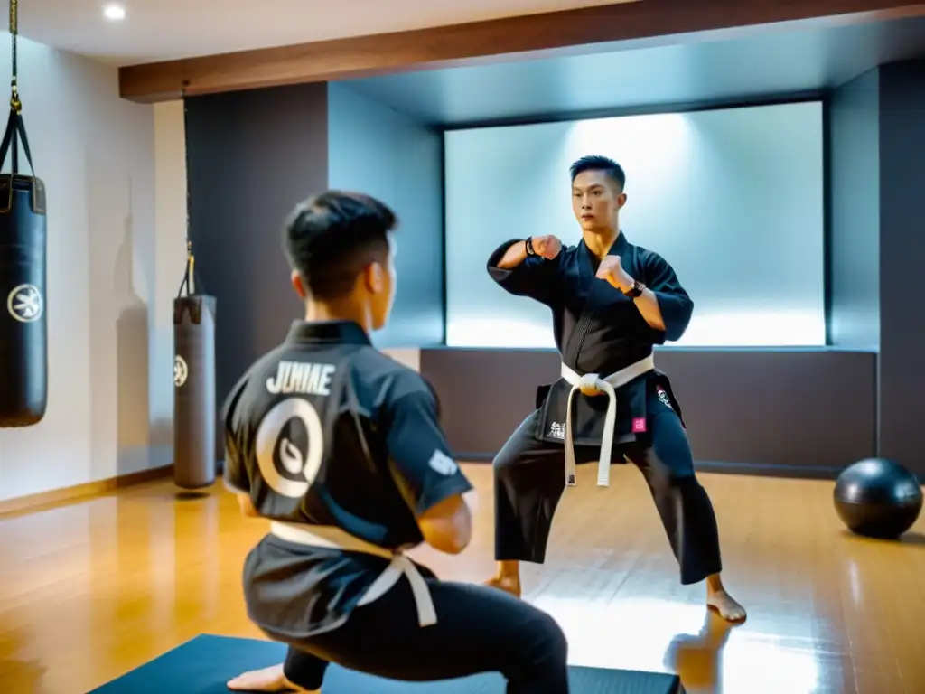 Un instructor de artes marciales brinda entrenamiento online a un estudiante en un gimnasio casero bien equipado