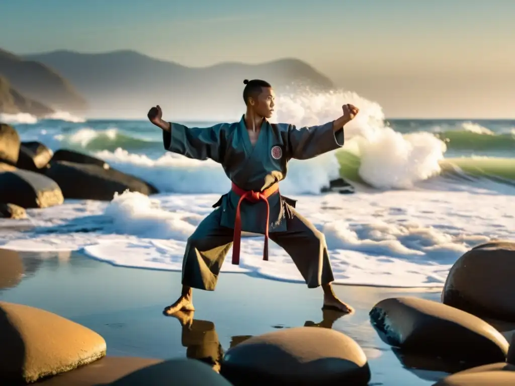 Un instructor de artes marciales en equilibrio sobre una pierna en la orilla rocosa, con olas rompiendo al fondo