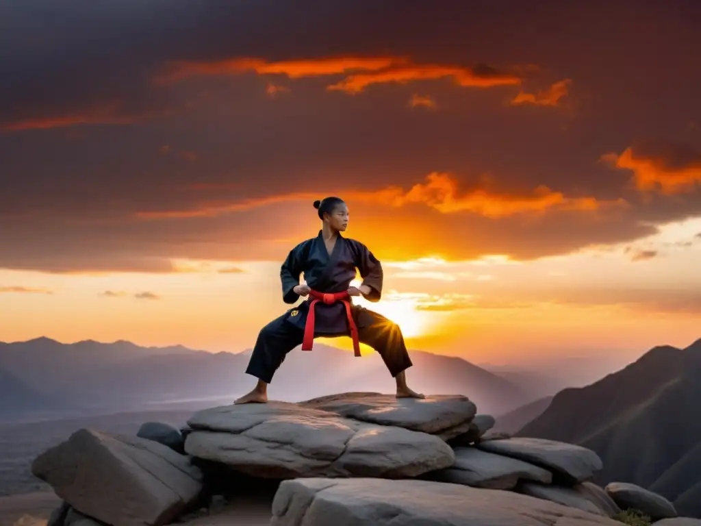 Instructor de artes marciales en equilibrio en acantilado al atardecer Un instructor de artes marciales muestra equilibrio y fuerza en un acantilado, evocando métodos de entrenamiento modernos en artes marciales