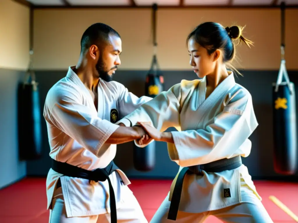 Un instructor de artes marciales guía a un estudiante en una rutina personalizada, en un dojo espacioso y bien iluminado