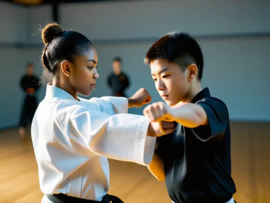 Un instructor de artes marciales guía a su estudiante con precisión en un estudio amplio y bien iluminado