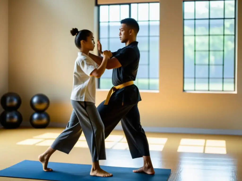 Un instructor de artes marciales guía a un estudiante en ejercicios de rehabilitación, mostrando determinación y concentración