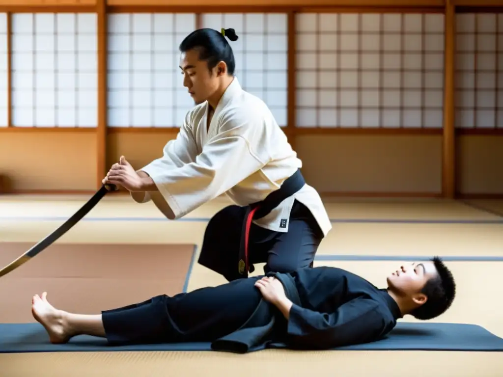 Un instructor de artes marciales guía con determinación a un estudiante en ejercicios de rehabilitación y estiramiento