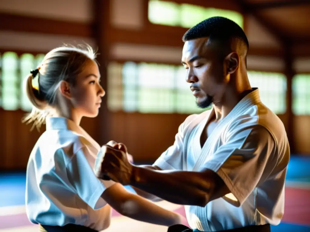 Un instructor de artes marciales guía a un estudiante con precisión en un dojo iluminado por el sol, reflejando disciplina y mentoría