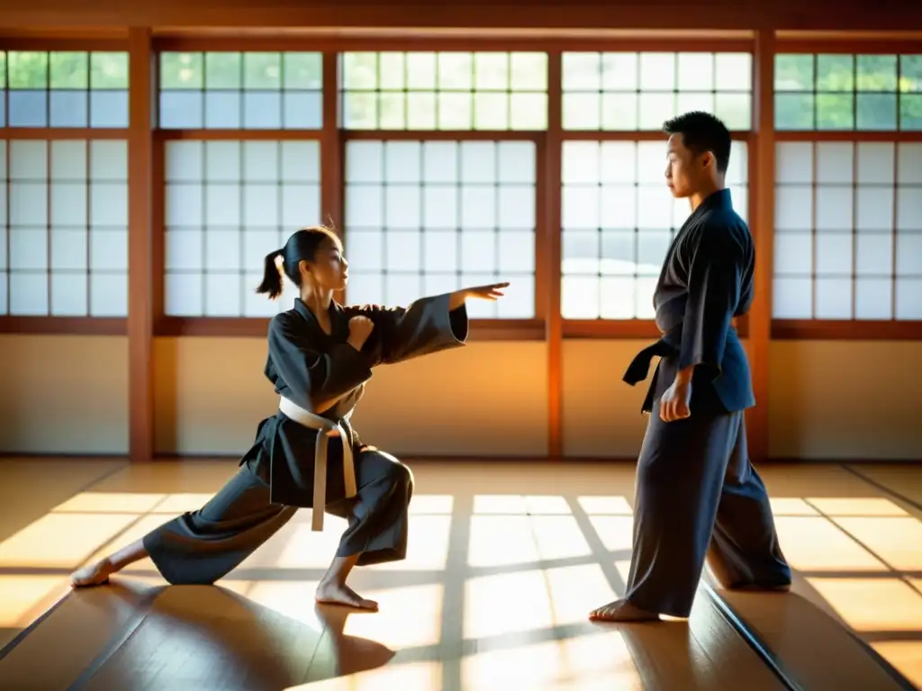 Entrenamiento de artes marciales: Disciplina y dedicación en el dojo Un instructor de artes marciales guía a un estudiante en estiramientos dinámicos en un dojo