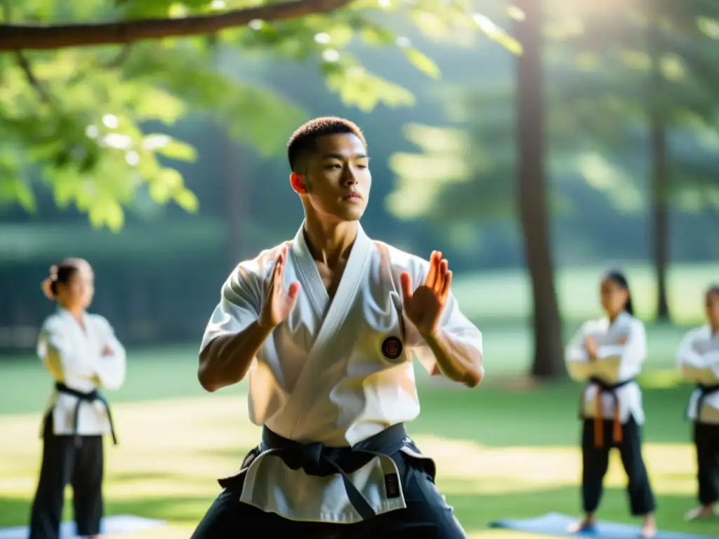 Un instructor de artes marciales guía a sus estudiantes en movimientos serenos al aire libre, transmitiendo calma y concentración