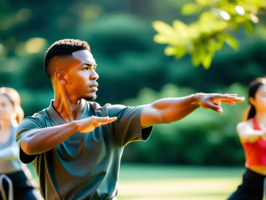 Un instructor de artes marciales guía a sus estudiantes en movimientos precisos, con concentración y mindfulness