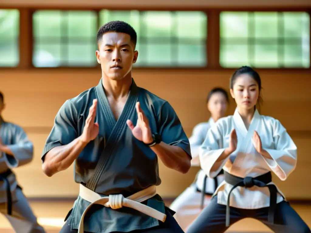 Un instructor de artes marciales guía a estudiantes en una práctica de mindfulness en un entorno sereno