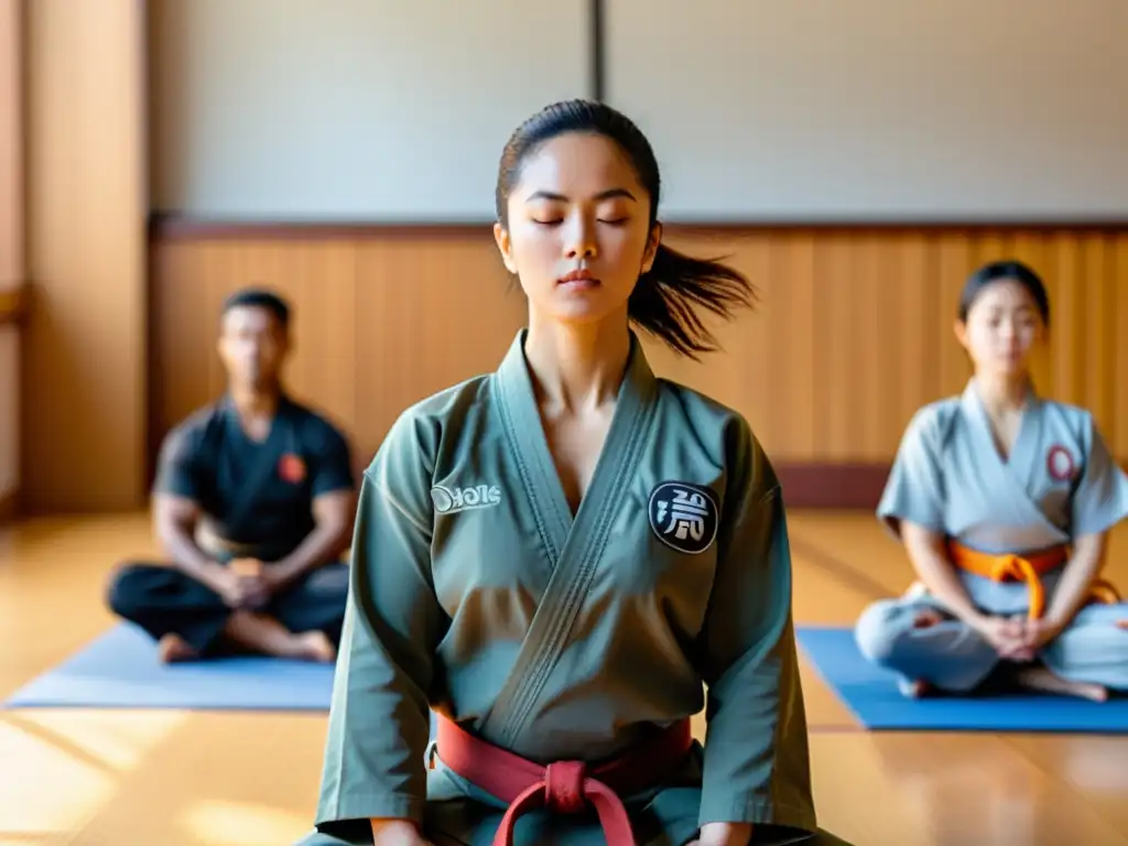 Un instructor de artes marciales guía a sus estudiantes en una sesión de mindfulness, creando un ambiente de paz y concentración
