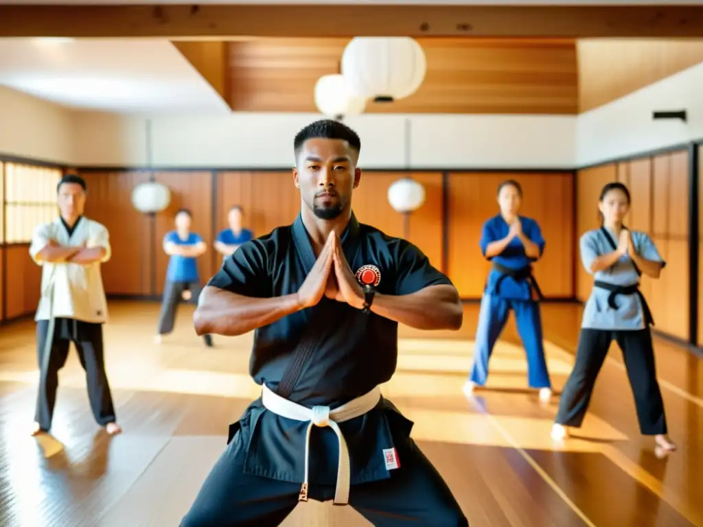 Un instructor de artes marciales lidera a sus estudiantes en un intenso entrenamiento físico en un dojo tradicional