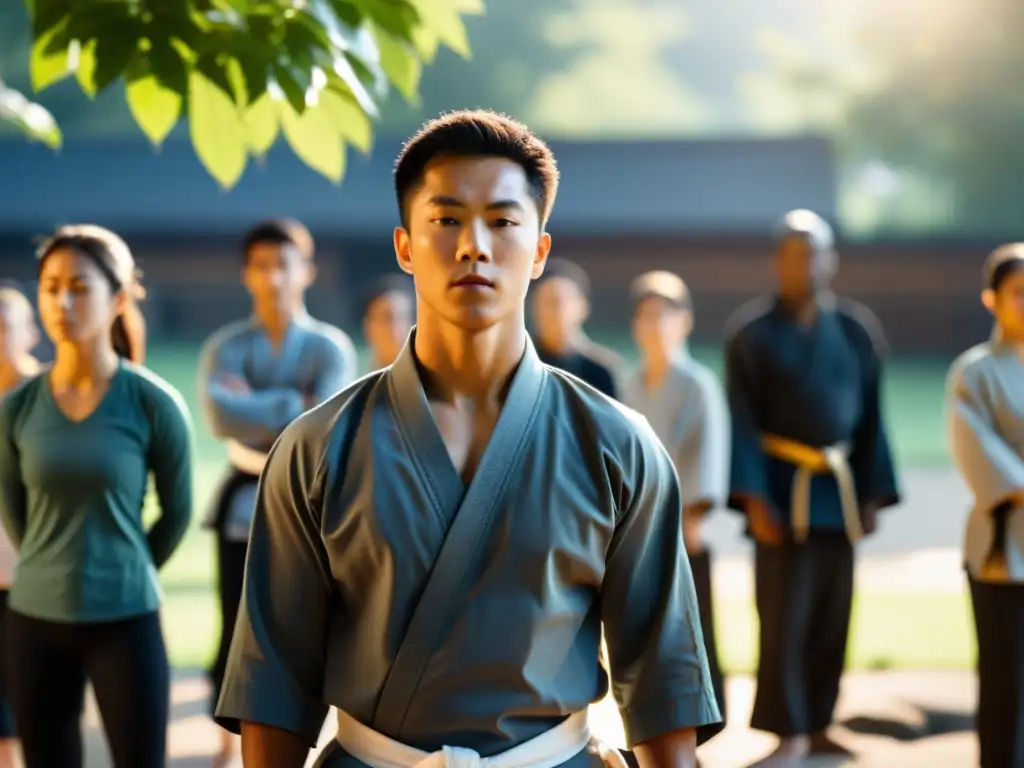 Un instructor de artes marciales guía a sus estudiantes en meditación al aire libre