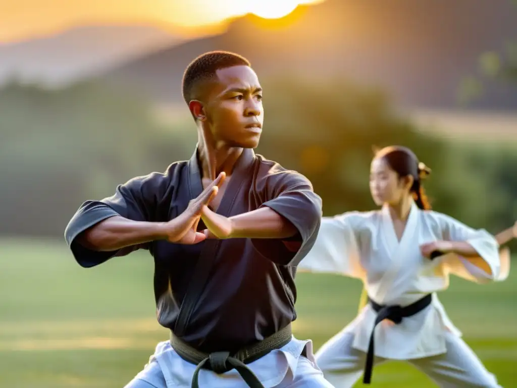 Un instructor de artes marciales guía a sus estudiantes en un escenario al aire libre al atardecer, mostrando movimientos fluidos y precisos