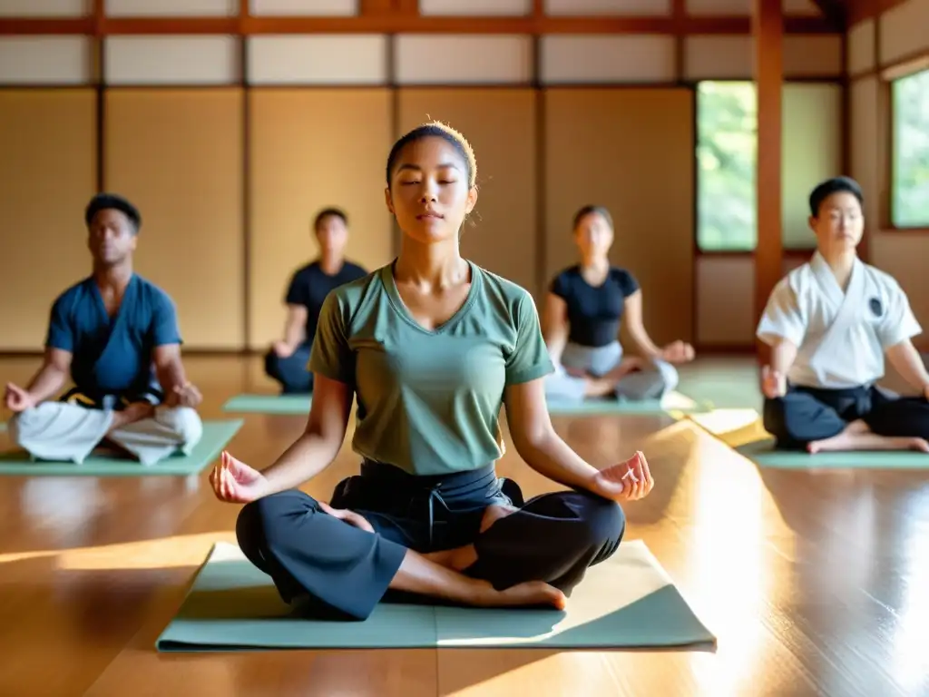 El instructor de artes marciales guía a sus estudiantes en ejercicios de respiración y meditación en un dojo sereno