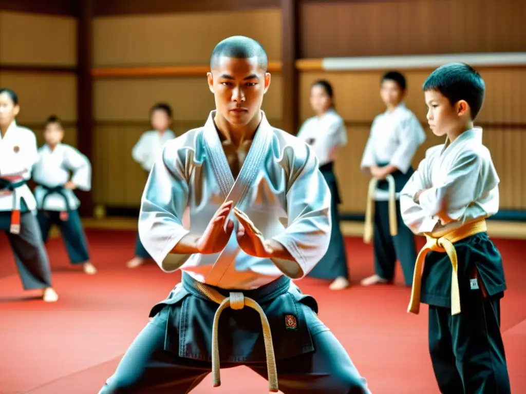 Un instructor de artes marciales guía a jóvenes estudiantes en un dojo tradicional, transmitiendo disciplina y enfoque