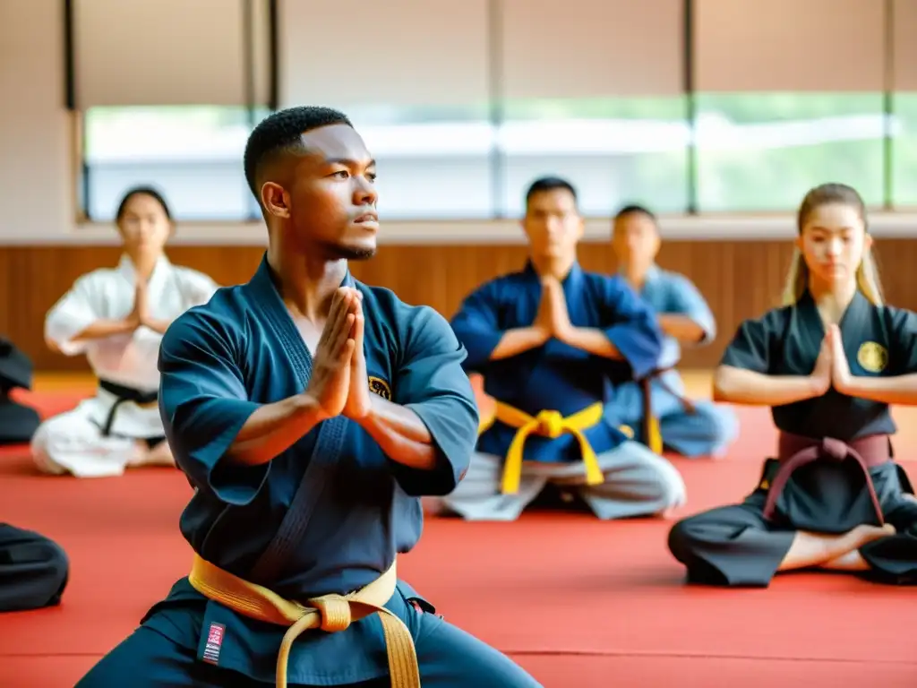 Un instructor de artes marciales guía a sus estudiantes en estiramientos, promoviendo la prevención de lesiones en un dojo luminoso y espacioso