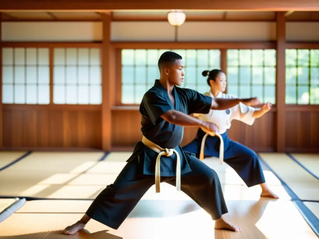 Un instructor de artes marciales guía a sus estudiantes en movimientos precisos, en un dojo soleado