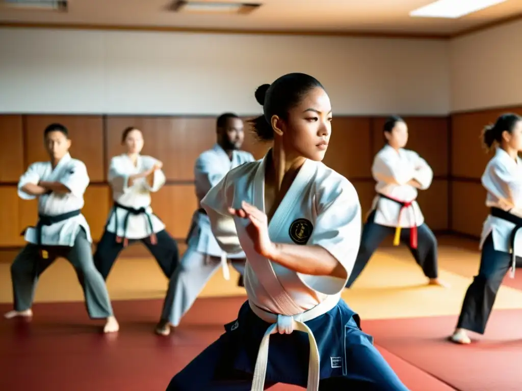 Entrenamiento de artes marciales con enfoque y energía Un instructor de artes marciales guía a sus estudiantes en movimientos precisos, potentes, en un dojo soleado y espacioso