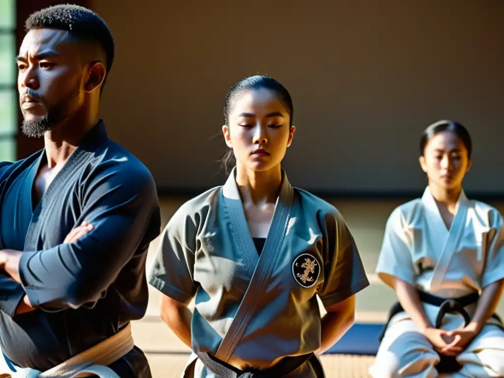 Un instructor de artes marciales guía a sus estudiantes en ejercicios de respiración, transmitiendo calma y sabiduría