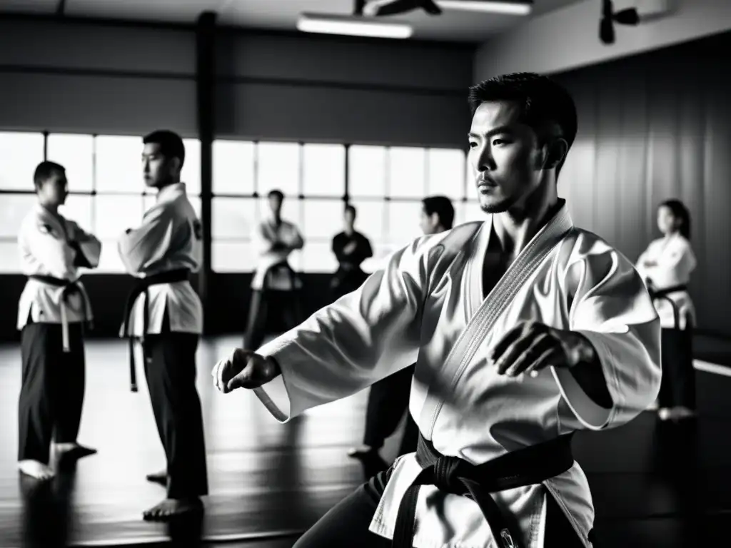 Un instructor de artes marciales guía a sus estudiantes en un dojo soleado, mostrando técnicas poderosas con concentración y determinación