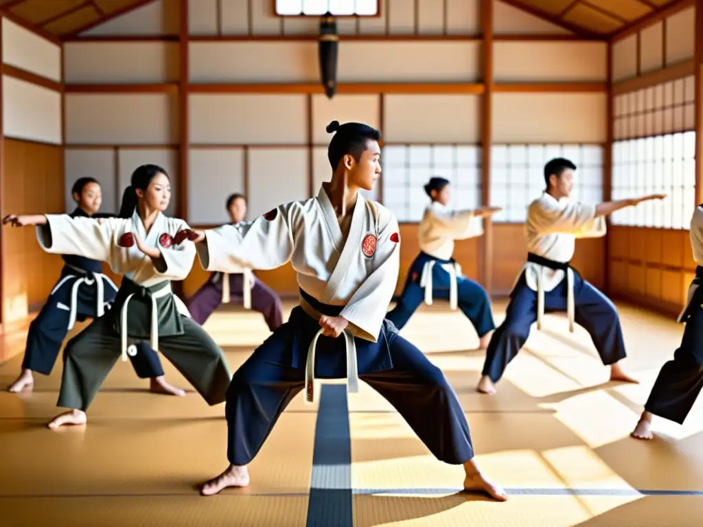 Un instructor de artes marciales guía a sus estudiantes en estiramientos dinámicos en un dojo soleado, creando una atmósfera de disciplina y enfoque