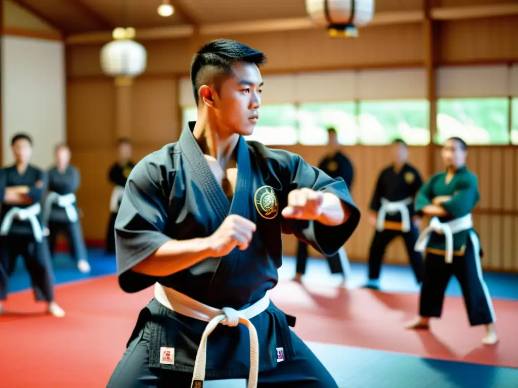 Un instructor de artes marciales guía a sus estudiantes en un dojo tradicional, mostrando precisión y concentración