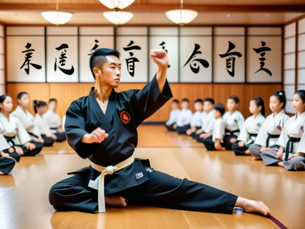 Un instructor de artes marciales guía a sus estudiantes en un calentamiento para prevenir lesiones