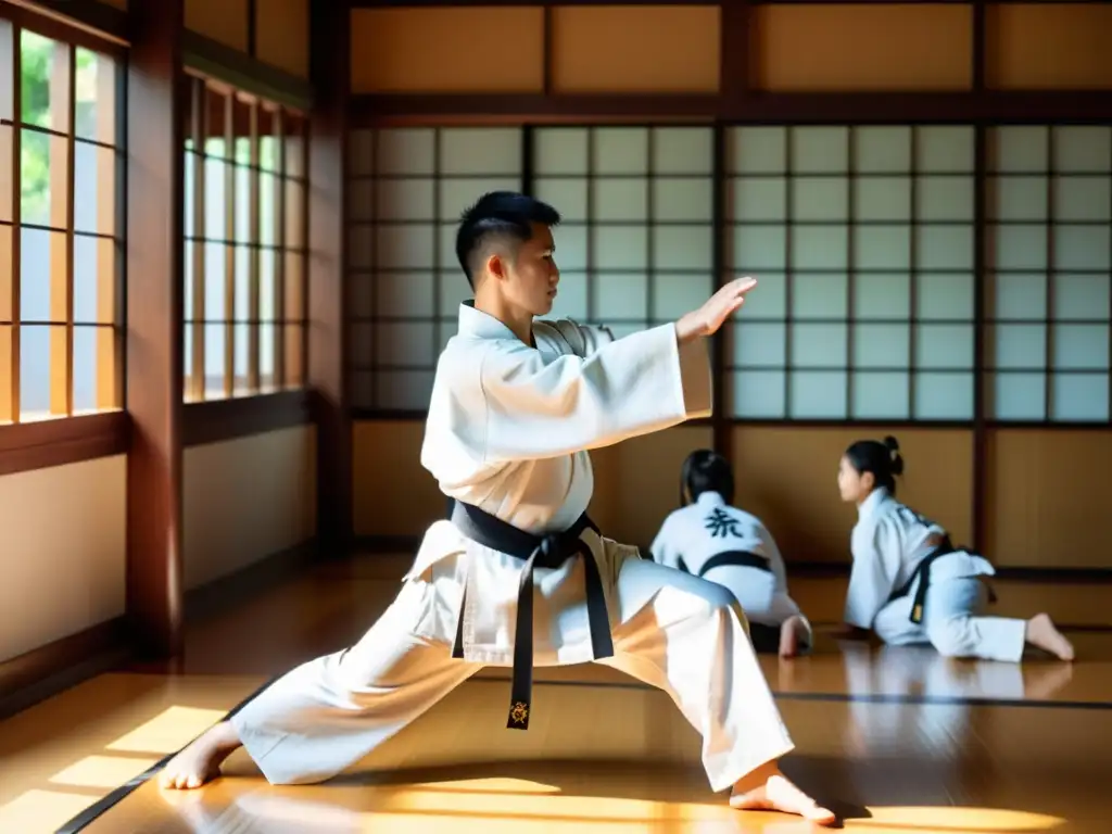 Un instructor de artes marciales lidera a sus estudiantes en un dojo tradicional, irradiando disciplina y enfoque