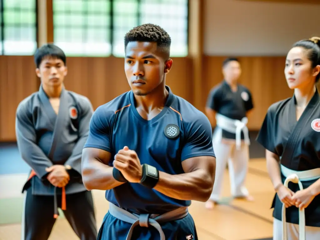 Un instructor de artes marciales guía a sus estudiantes en un dojo tradicional, con un moderno wearable