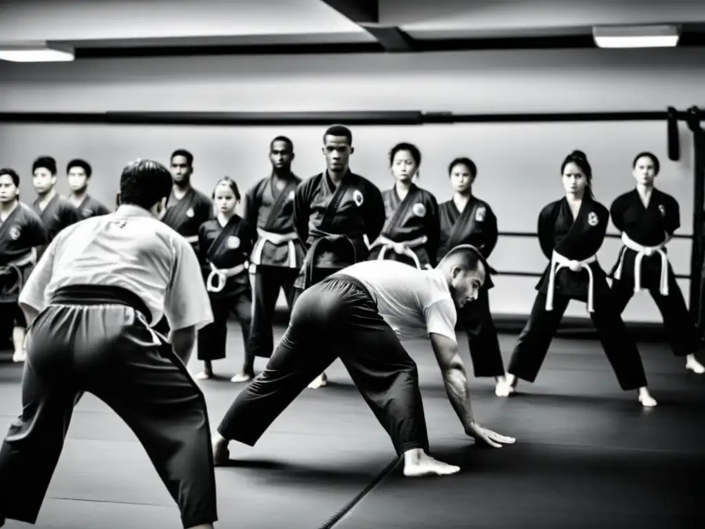 Un instructor de artes marciales lidera a sus estudiantes en un exigente entrenamiento físico en un dojo tradicional