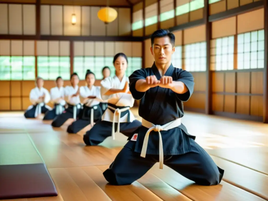 Un instructor de artes marciales lidera a sus estudiantes en un dojo tradicional, destacando la prevención de lesiones en artes marciales