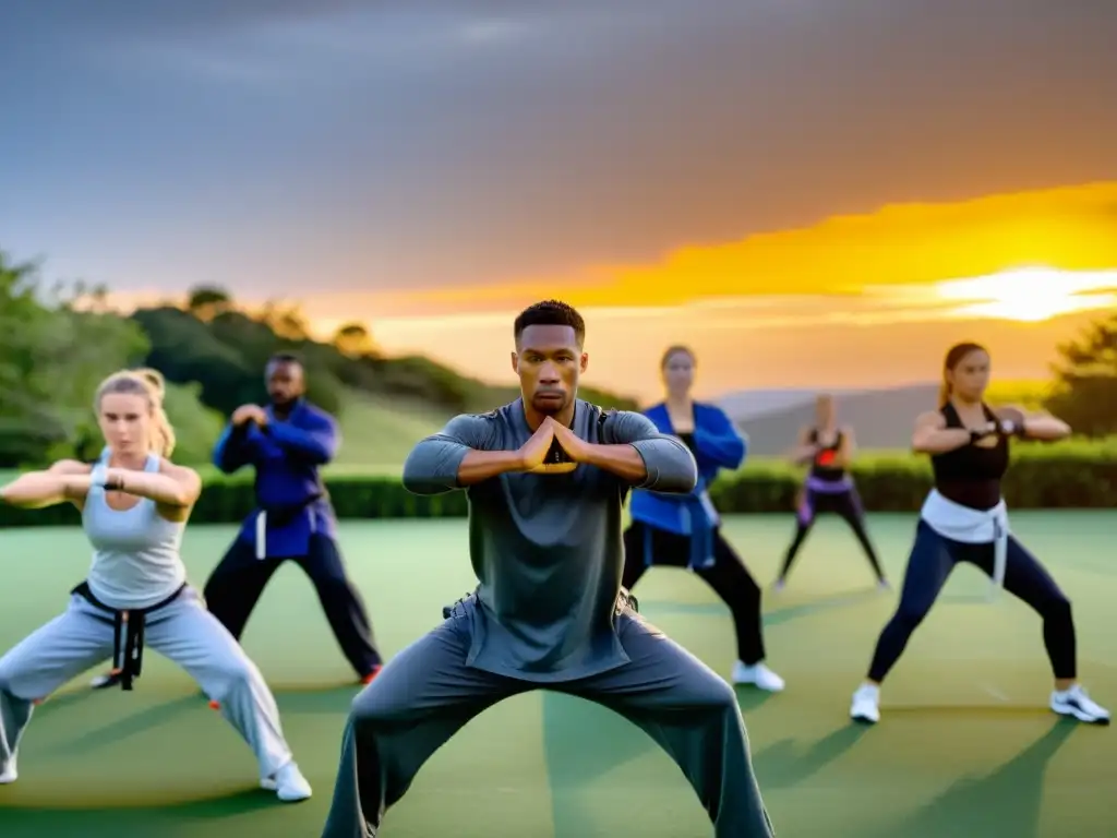 Un instructor de artes marciales lidera a sus estudiantes en un intenso entrenamiento al aire libre, con el sol poniéndose en el fondo