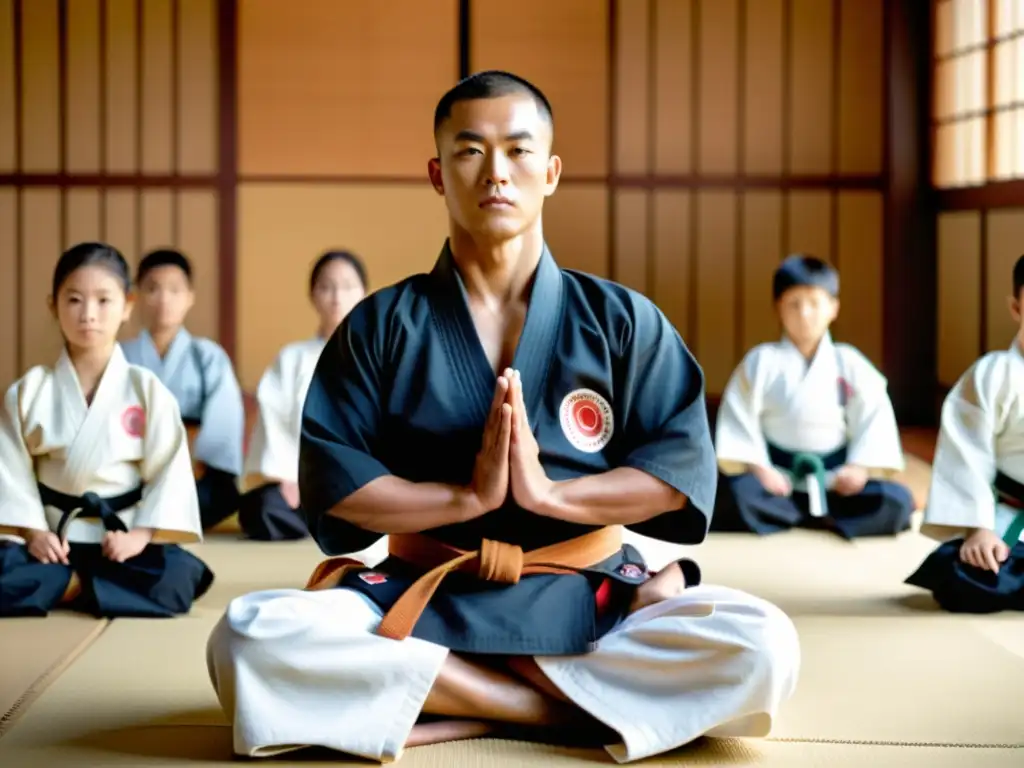 Un instructor de artes marciales guía a sus estudiantes en un dojo tradicional, mostrando disciplina y mentoría