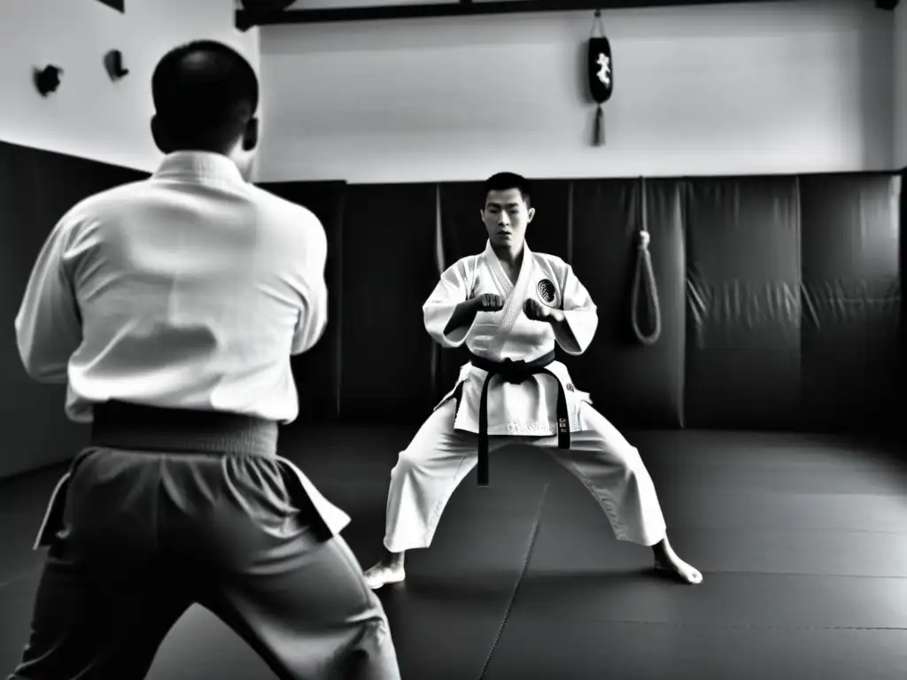 Un instructor de artes marciales guía a sus estudiantes en un dojo tradicional, transmitiendo determinación y disciplina