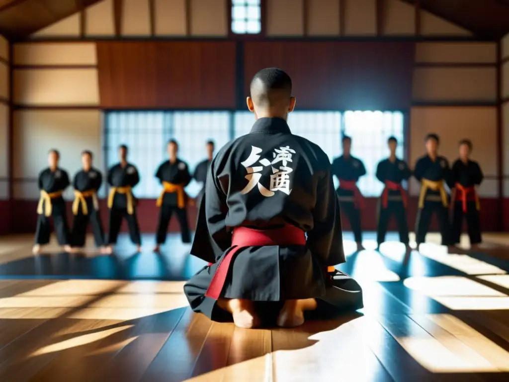 Un instructor de artes marciales se inclina ante sus estudiantes en un dojo, irradiando respeto y disciplina