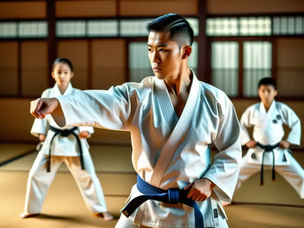 Un instructor de artes marciales guía a jóvenes estudiantes en un dojo, transmitiendo enseñanzas éticas y disciplina