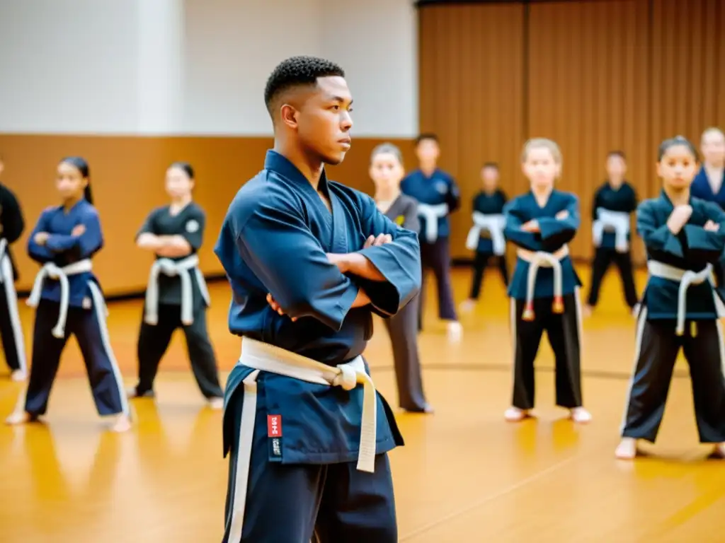 Un instructor de artes marciales en un estudio luminoso dirige a estudiantes de todas las edades y niveles