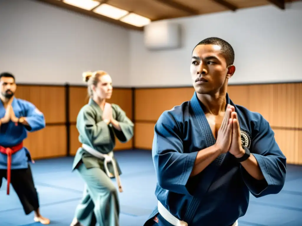 Instructor de artes marciales experimentado guía a sus estudiantes en un cálido dojo, fomentando la práctica marcial sin lesiones