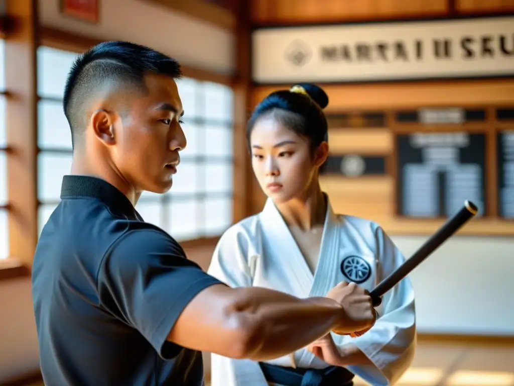 Un instructor de artes marciales analiza la forma de un estudiante en un dojo tradicional, destacando la intensidad y dedicación