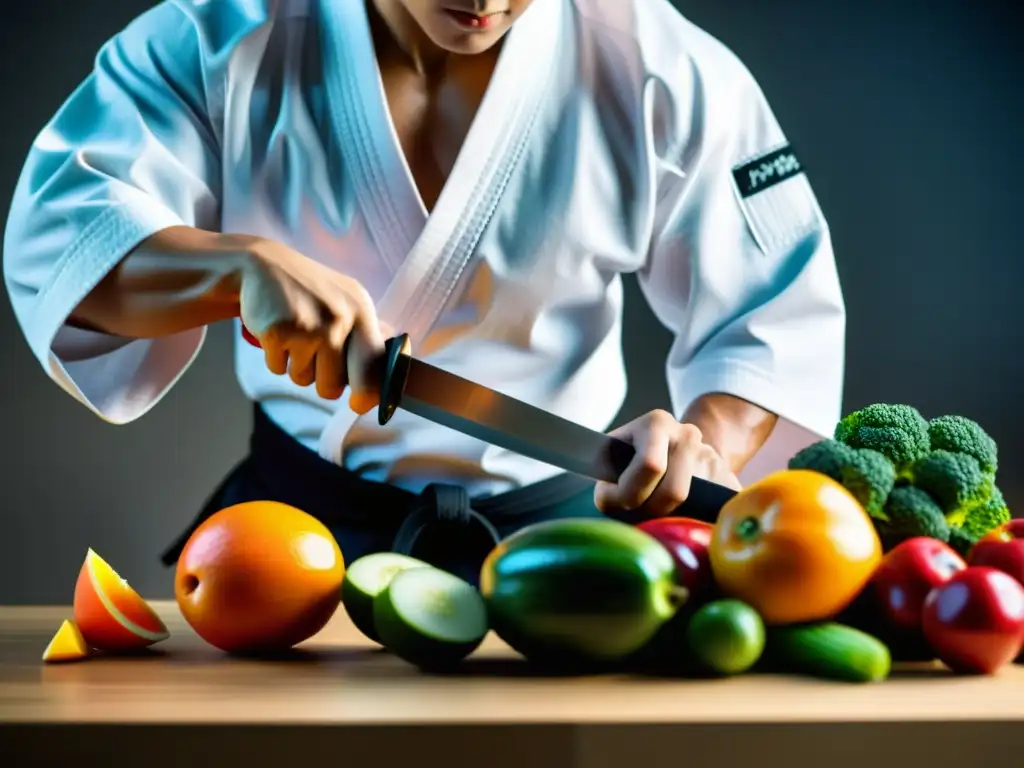 Un instructor de artes marciales corta con precisión frutas y verduras, resaltando la importancia de los snacks saludables antes de la clase