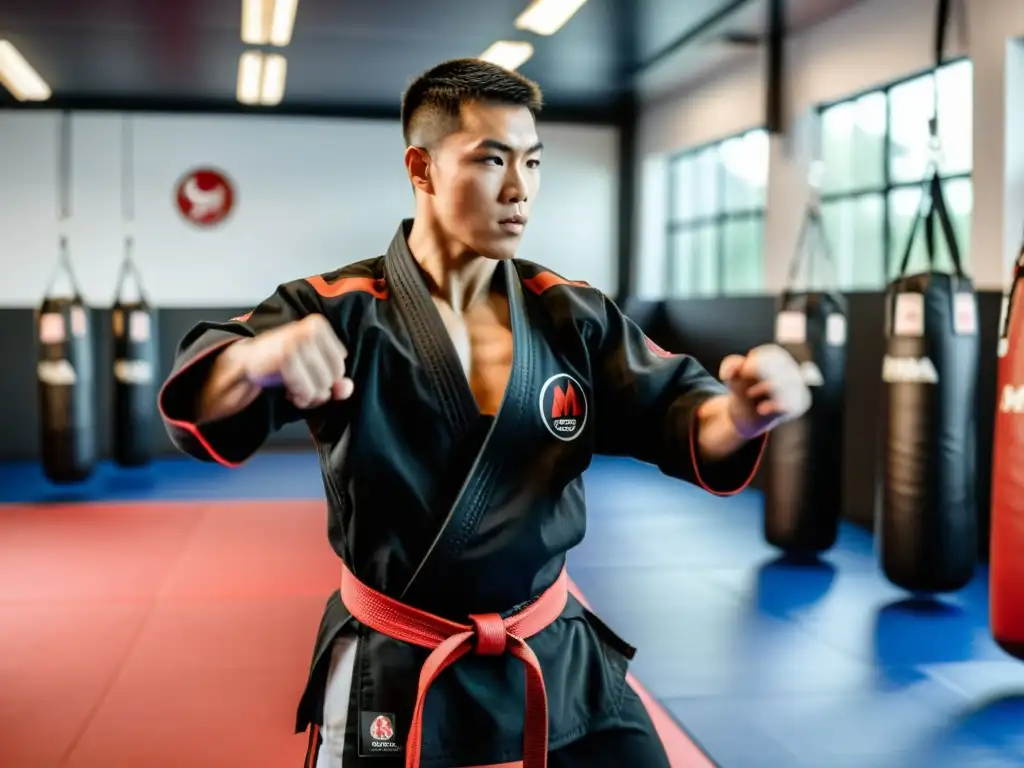 Un instructor de artes marciales en un gimnasio espacioso y bien iluminado, demostrando una técnica compleja de MMA