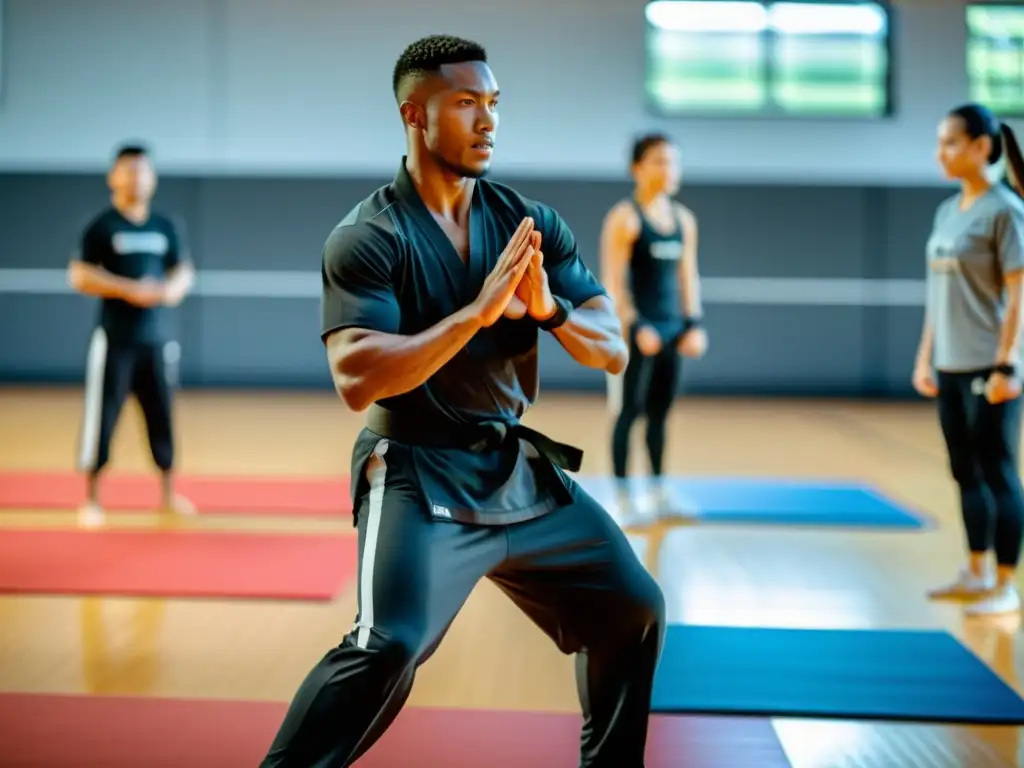 Instructor de artes marciales dirige entrenamiento dinámico Un instructor de artes marciales guía a un grupo de estudiantes en métodos de entrenamiento modernos en una sala amplia y bien iluminada