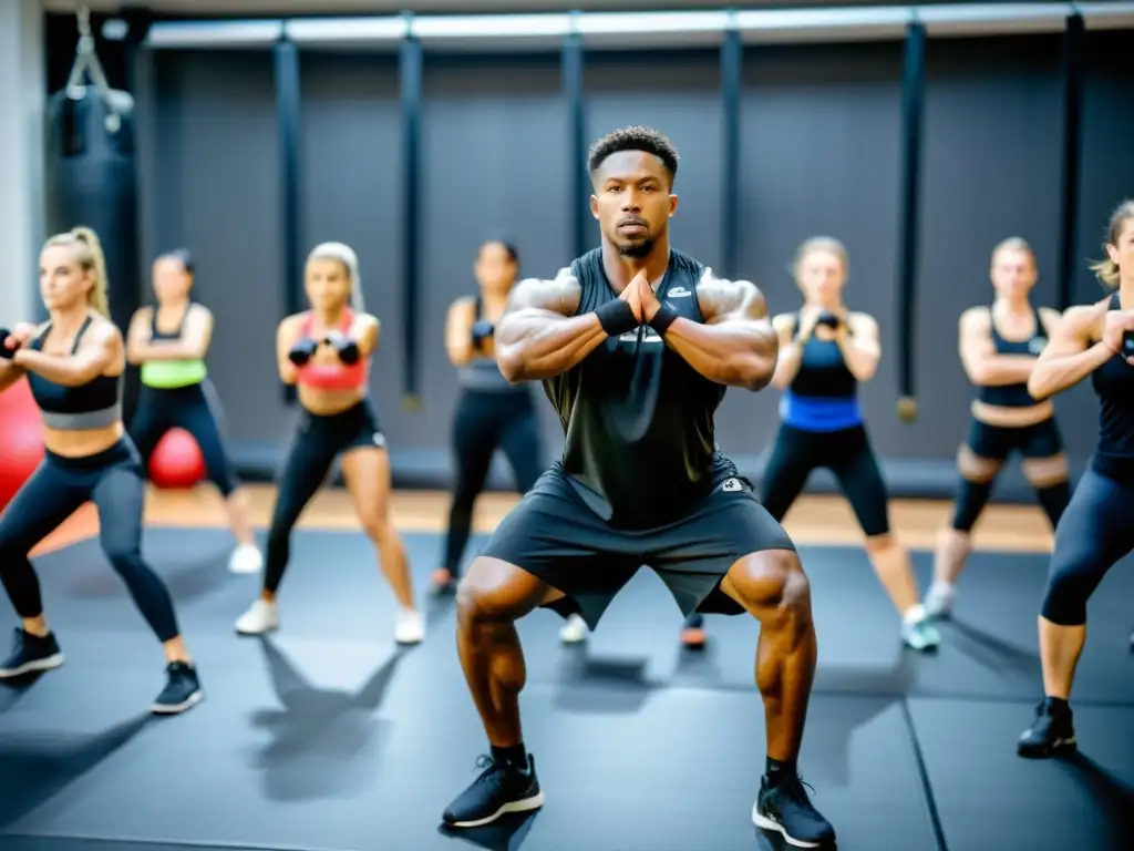 Un instructor de artes marciales lidera un grupo en entrenamiento funcional, con enfoque en agilidad y velocidad