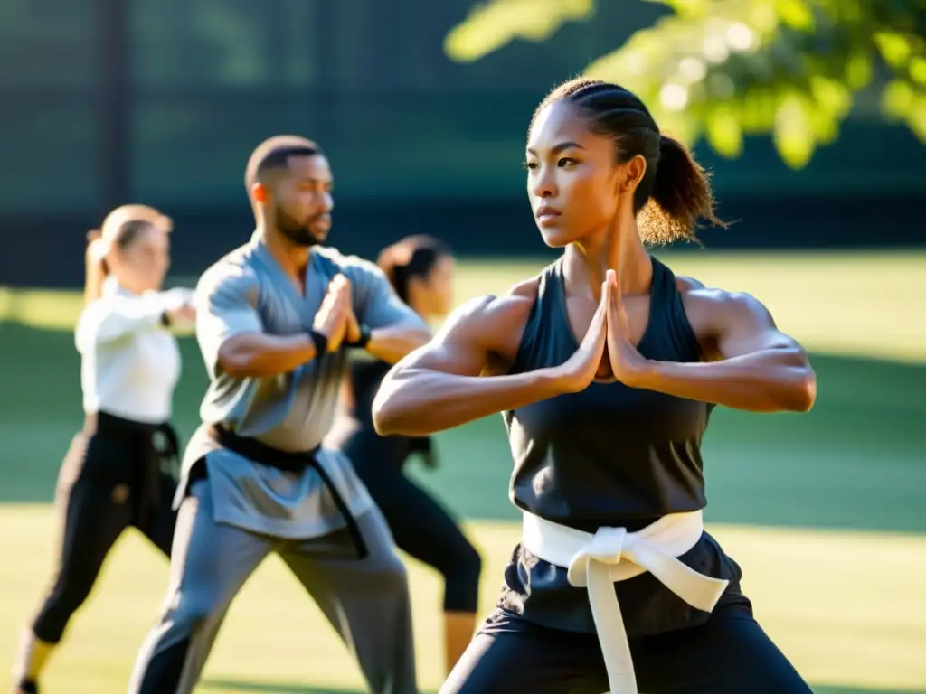 Un instructor de fitness de artes marciales guía a un grupo en un entrenamiento dinámico al aire libre, con la luz matutina creando sombras largas