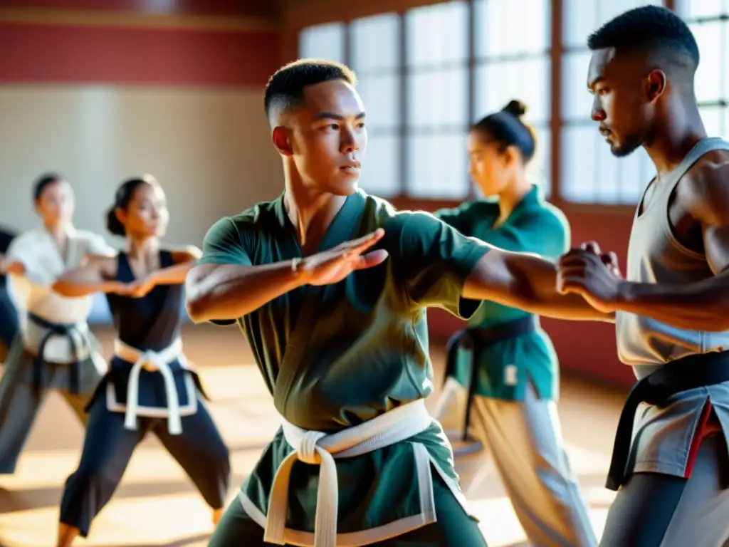 Un instructor de artes marciales lidera a un grupo en movimientos fluidos, en un estudio iluminado por el sol