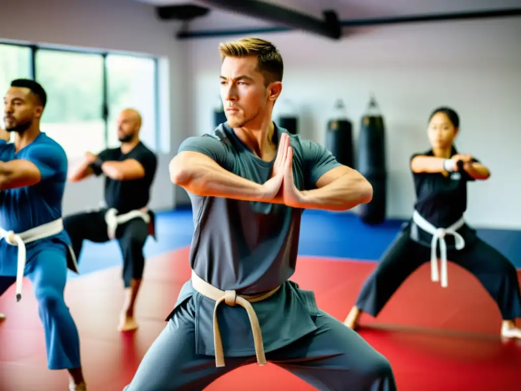 Un instructor de artes marciales dirige un grupo en un estudio luminoso, enfocados en la prevención de lesiones