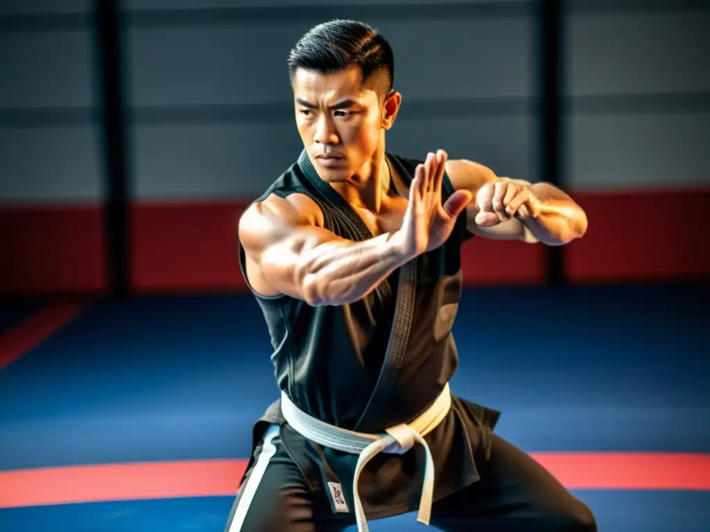 Un instructor de artes marciales muestra la importancia de la biomecánica en un dojo lleno de energía y disciplina