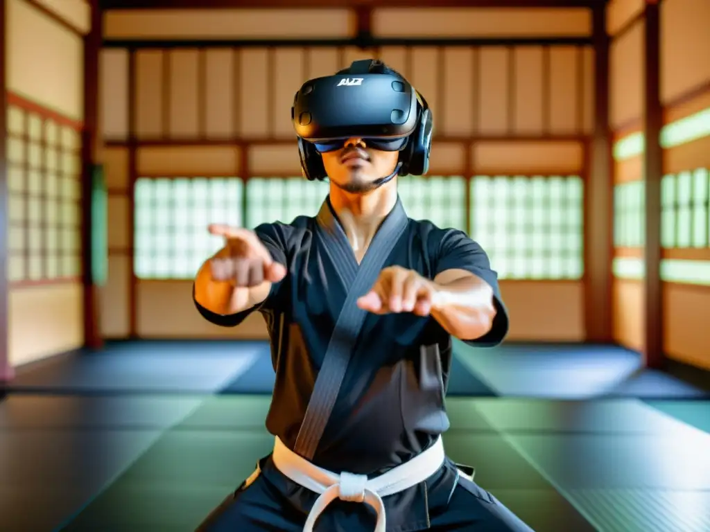 Un instructor de artes marciales inmerso en un dojo virtual, demostrando la integración de la realidad virtual en entrenamientos marciales