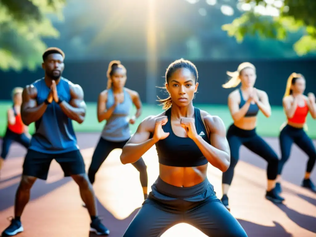 Un instructor de artes marciales lidera una intensa sesión de entrenamiento cardiovascular al aire libre, con estudiantes dedicados