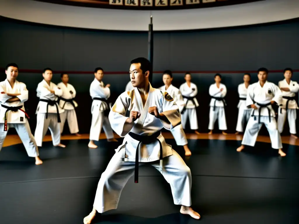 El instructor de artes marciales lidera una intensa sesión de entrenamiento en un dojo tradicional, demostrando técnicas con precisión