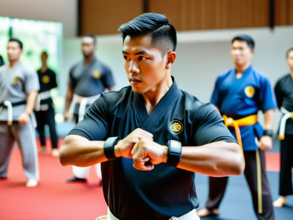 Un instructor de artes marciales filipinas lidera una intensa sesión de entrenamiento, destacando los wearables